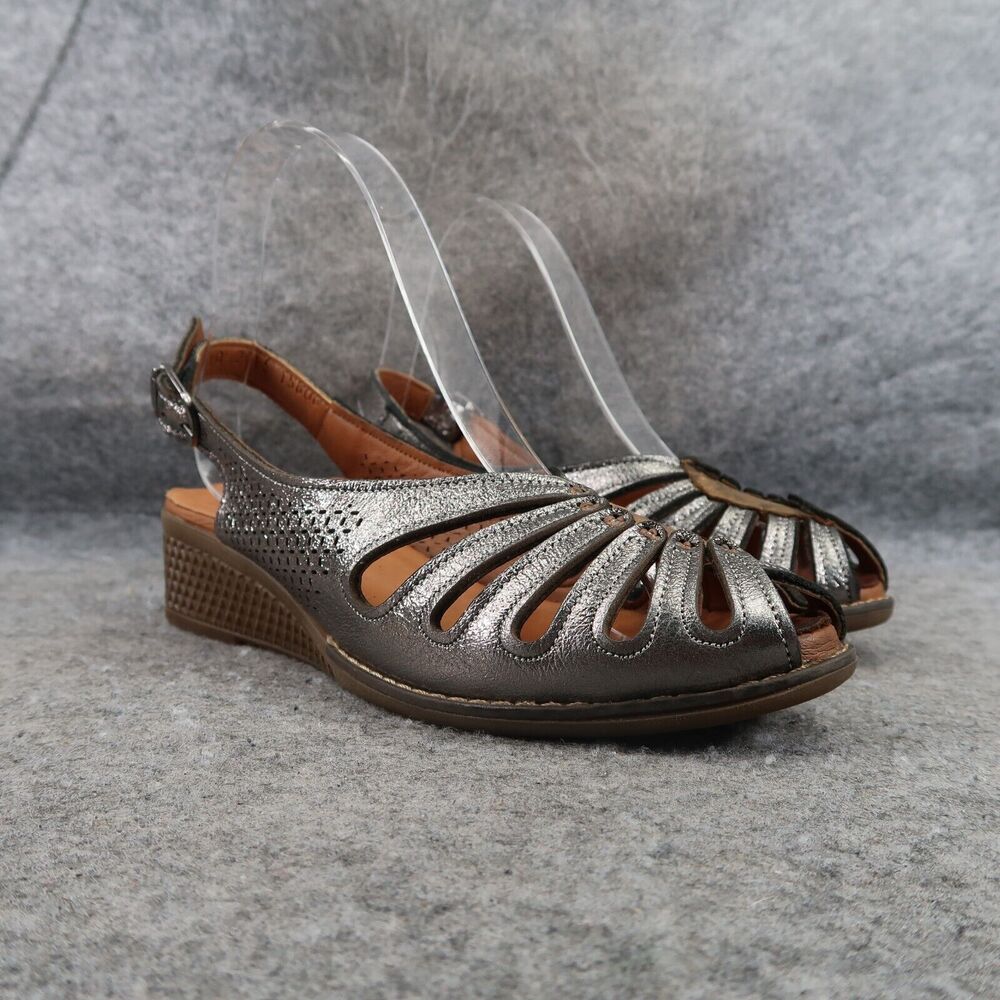 Ethan Valdes Shoes Womens 36 Sandals Slingback Wedge Classic Leather Metallic